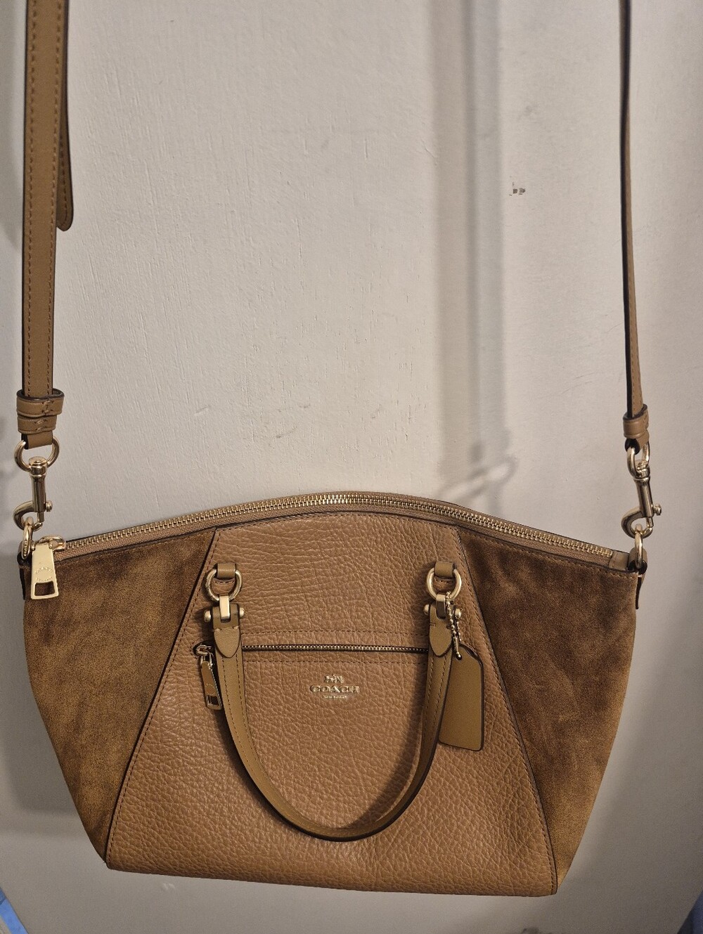 Coach Prairie Satchel In Tan Leather and Suede Convertible Crossbody Satchel